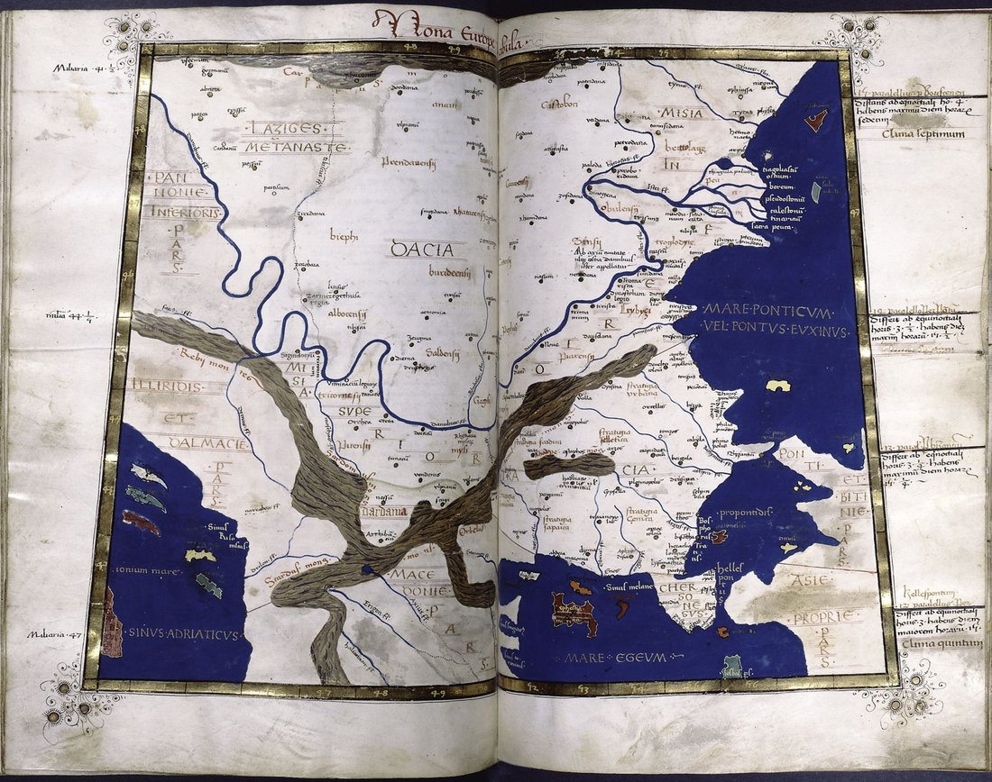 Illuminierte Ptolemaios-Karte von Dakien und der unteren Donau mit dem Eintrag anarti