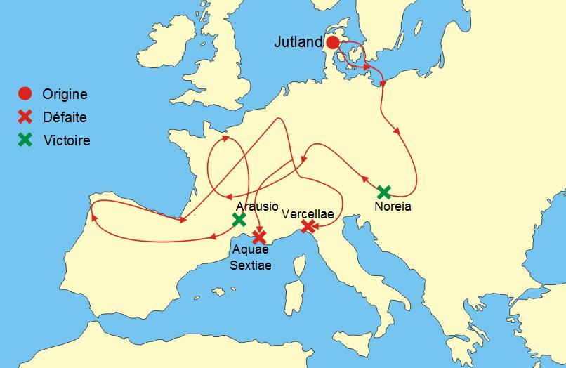 Karte des Zugs der Kimbern und Teutonen