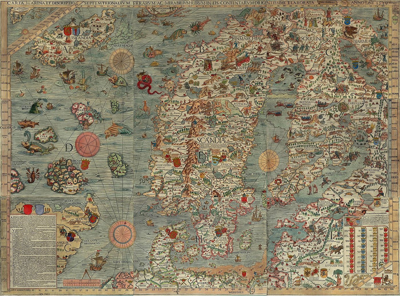 Die Carta marina des Olaus Magnus von 1539, farbige Karte Skandinaviens