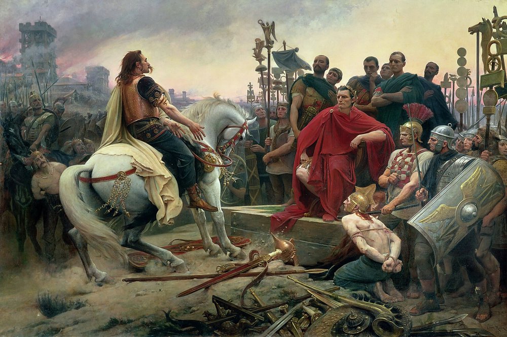 History painting by Lionel Royer 1899: Vercingetorix lays down his arms before Caesar