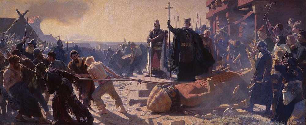 Bischof Absalon stürzt den Gott Svantevit in Arkona 1168 – Gemälde von Laurits Tuxen