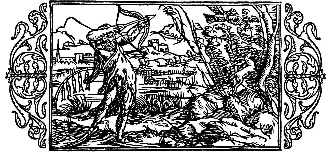 Holzschnitt von Olaus Magnus: Jäger auf Skiern, trocknender Fisch