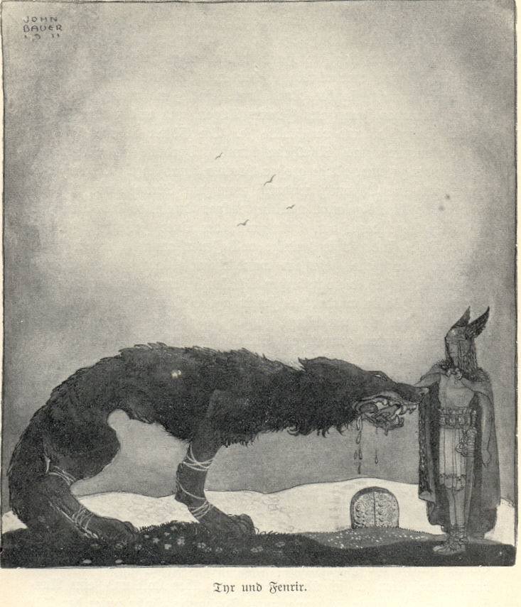 Týr places his hand in the jaws of the wolf Fenrir – painting by John Bauer, 1911