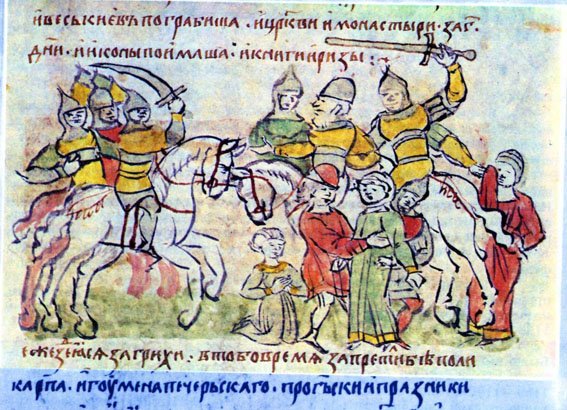 Buchmalerei aus der Radziwill-Chronik: gepanzerte Reiter und Gefangene vor einer Stadt