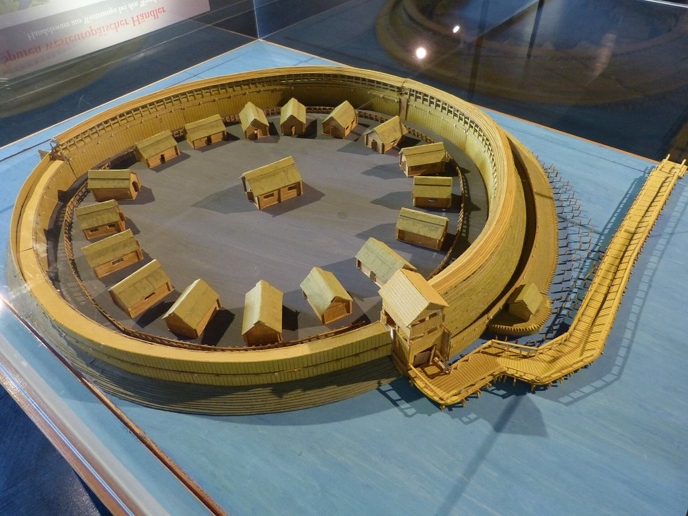 Model of the Slavic ring fort of Behren-Lübchin in Mecklenburg with rampart and causeway