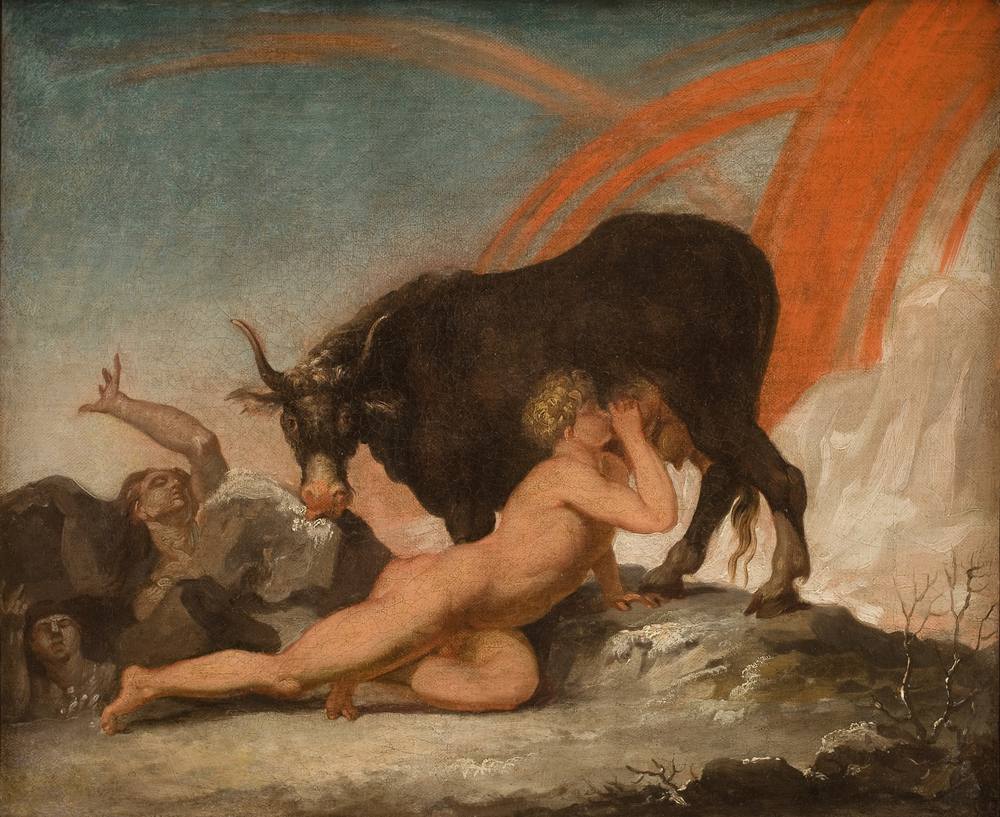 Painting by Nicolai Abildgaard: the primal giant Ymir drinking from the udder of the cow Auðhumla