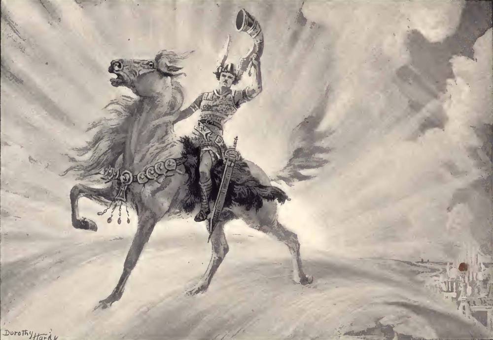 Heimdall mit seinem Pferd Gulltoppr an der Brücke