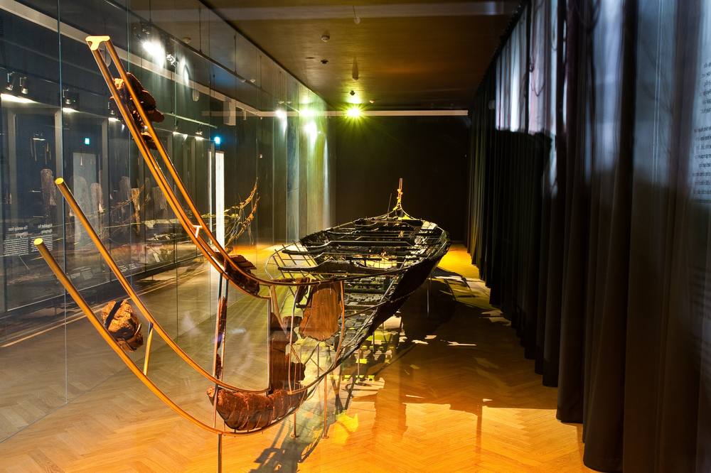 The reconstructed Hjortspring boat in the National Museum of Denmark, a sewn plank boat of the Pre-Roman Iron Age