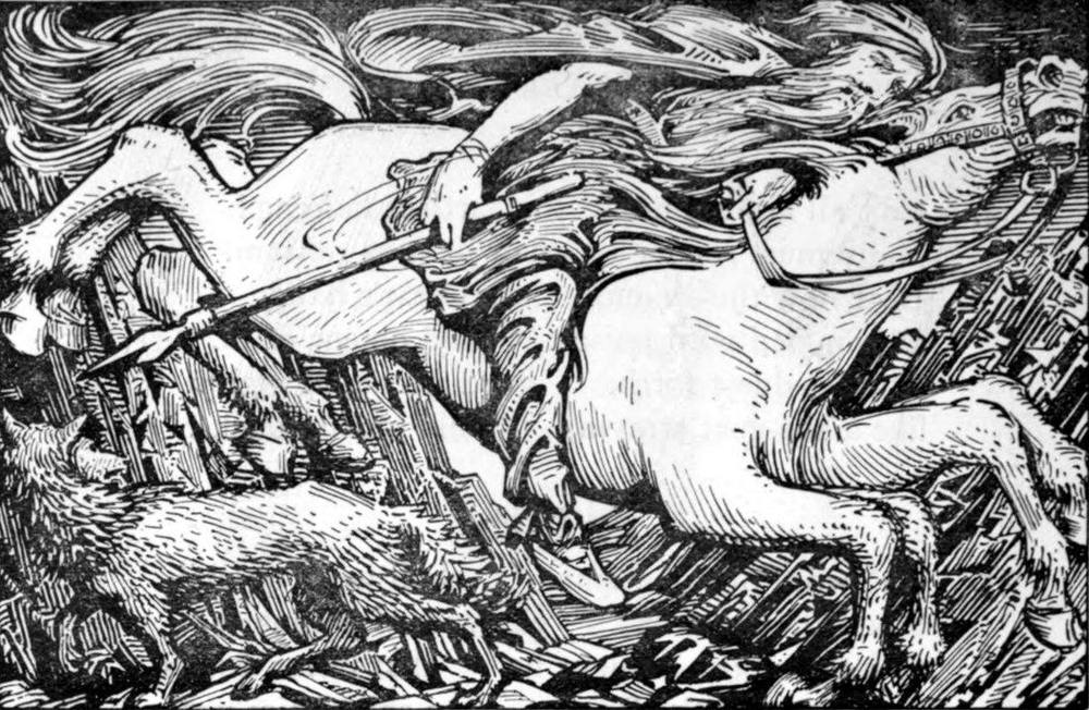 Odin reitet auf Sleipnir hinab nach Hel
