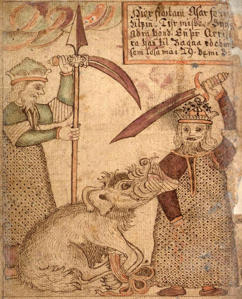 Týr puts his hand in Fenrir’s jaws, Icelandic manuscript
