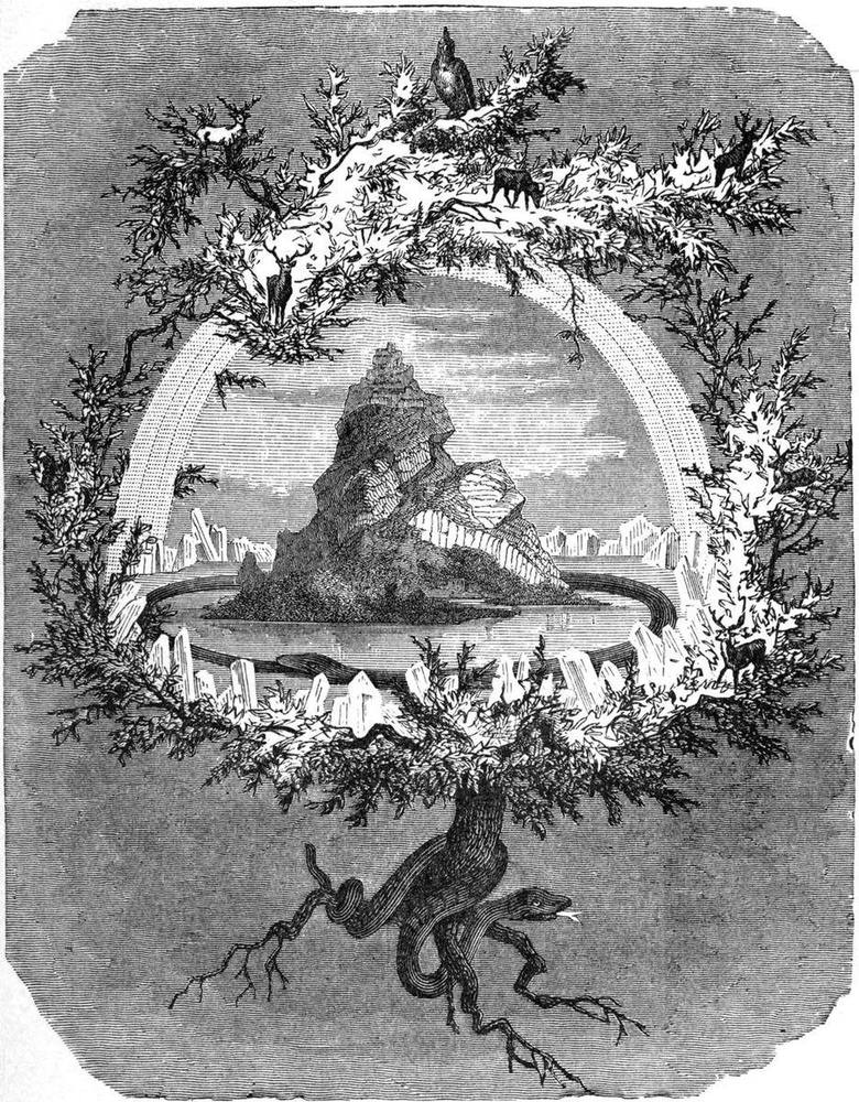 The world ash Yggdrasil with its roots and creatures