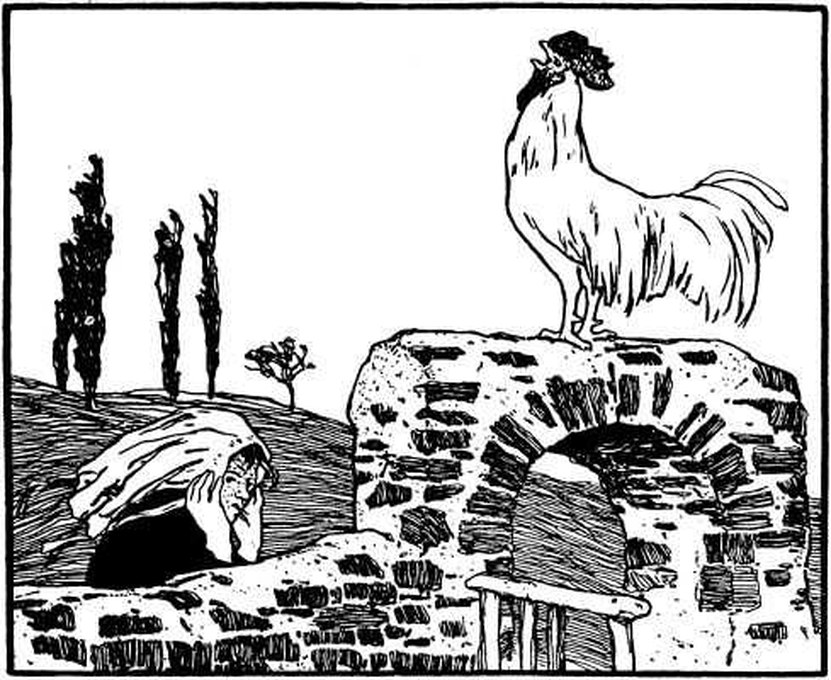 Frau Holle shakes the featherbeds so that it snows on earth – illustration by Otto Ubbelohde