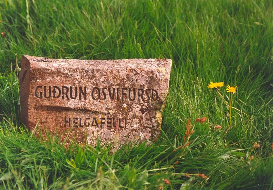 Memorial stone for Guðrún Ósvífursdóttir at the holy mountain Helgafell (Snæfellsnes) — to “enter the mountain” was a path of the dead.