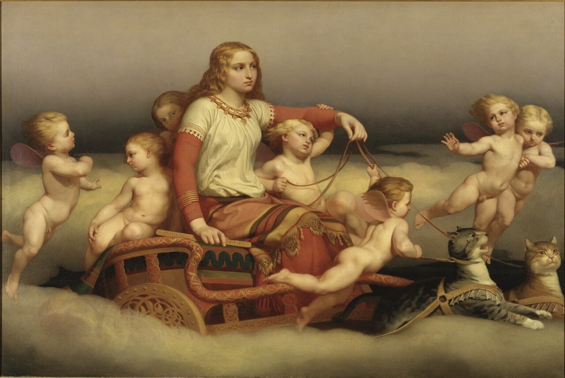Nils Blommér, “Freyja Seeking Her Husband” (1852) — the goddess in her cat-drawn chariot; a 19th-century painting.