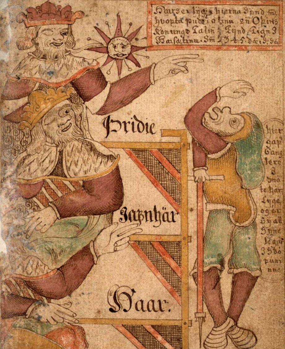 Gylfi vor den drei Gestalten — Illustration aus einer isländischen Handschrift der Snorra-Edda.