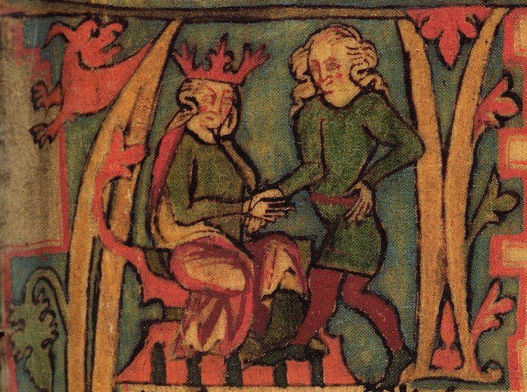 Harald Schönhaar in einer Miniatur der Flateyjarbók (isländische Handschrift, spätes 14