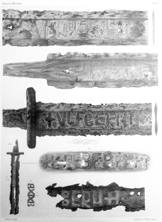 Eingeschmiedete VLFBERHT-Inschriften auf mehreren Ulfberht-Klingen, Tafel aus Lorange 1889