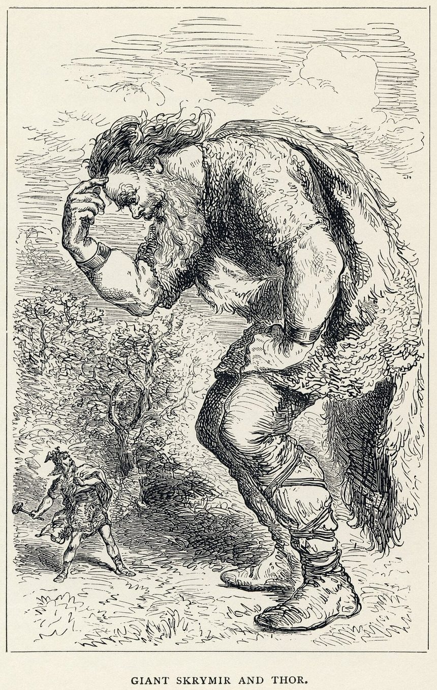 Thor strikes the sleeping giant Skrymir with his hammer