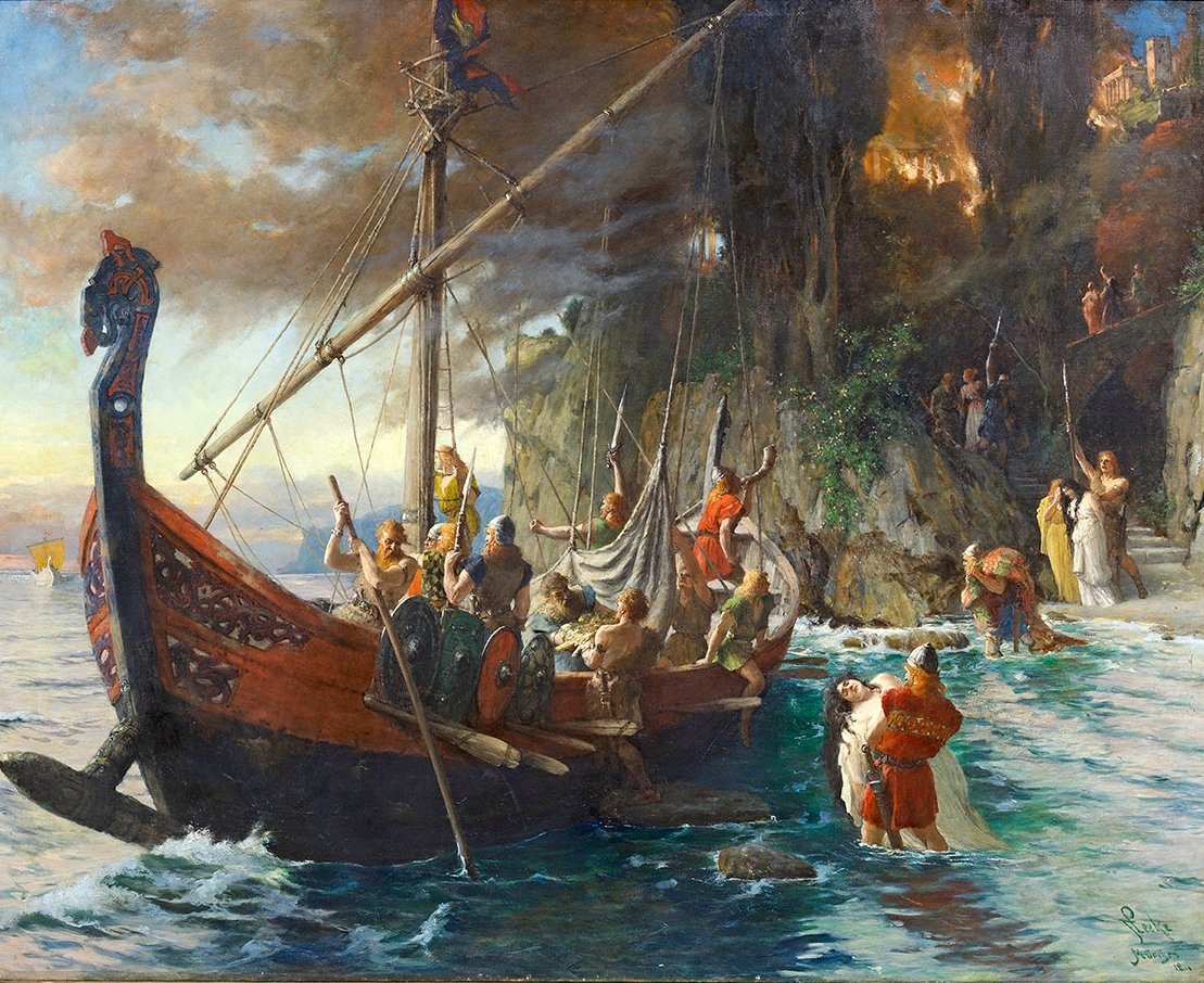 „Ein Wikingerüberfall“, Gemälde von Ferdinand Leeke (um 1900) – eine romantisierende Vorstellung des 19