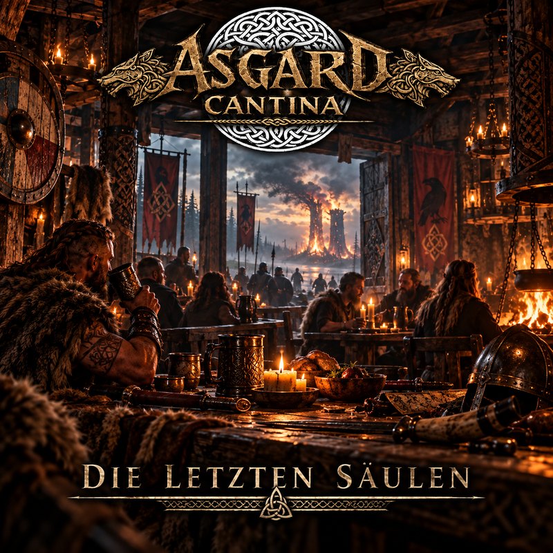 Albumcover „Die letzten Säulen“ von Asgard Cantina: Krieger in einer kerzenbeleuchteten Halle, durch das Tor brennt eine Festung