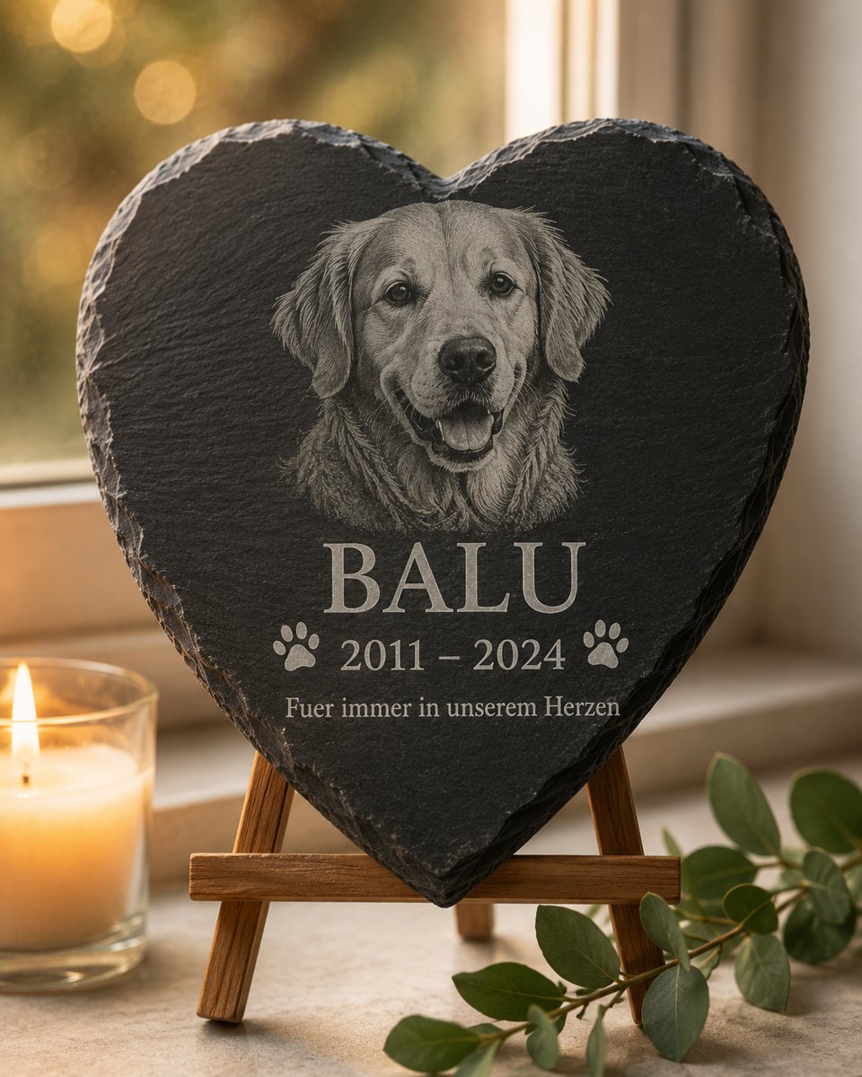 Photo engraving of a dog on a slate heart