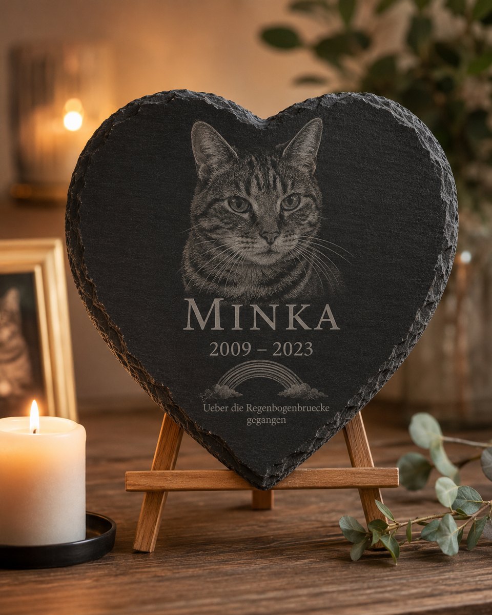 Slate heart memorial plaque with engraved cat portrait and rainbow bridge