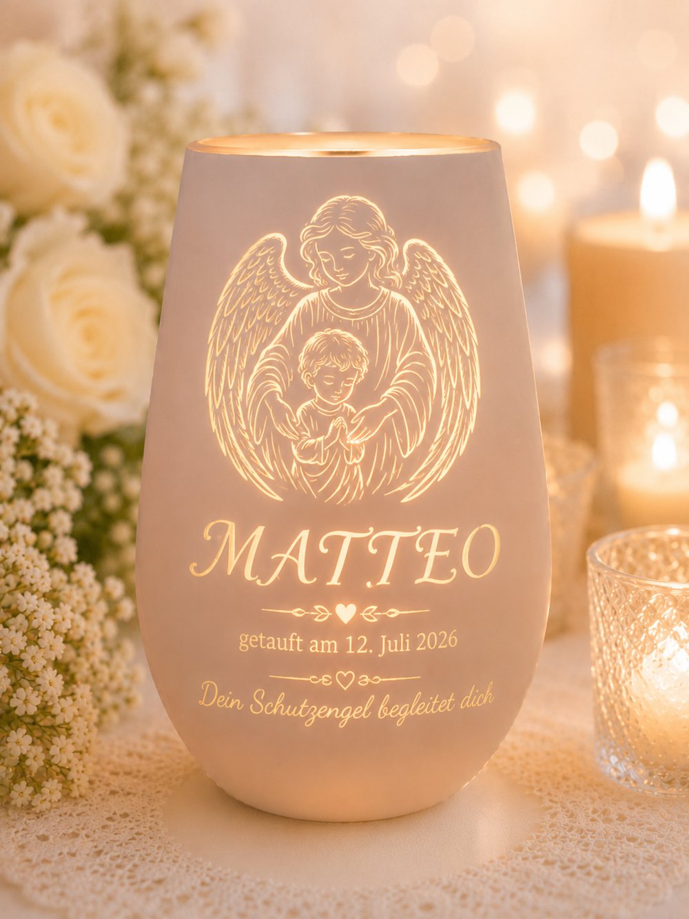 Christening tealight holder of crystal glass with a guardian angel and the name Matteo