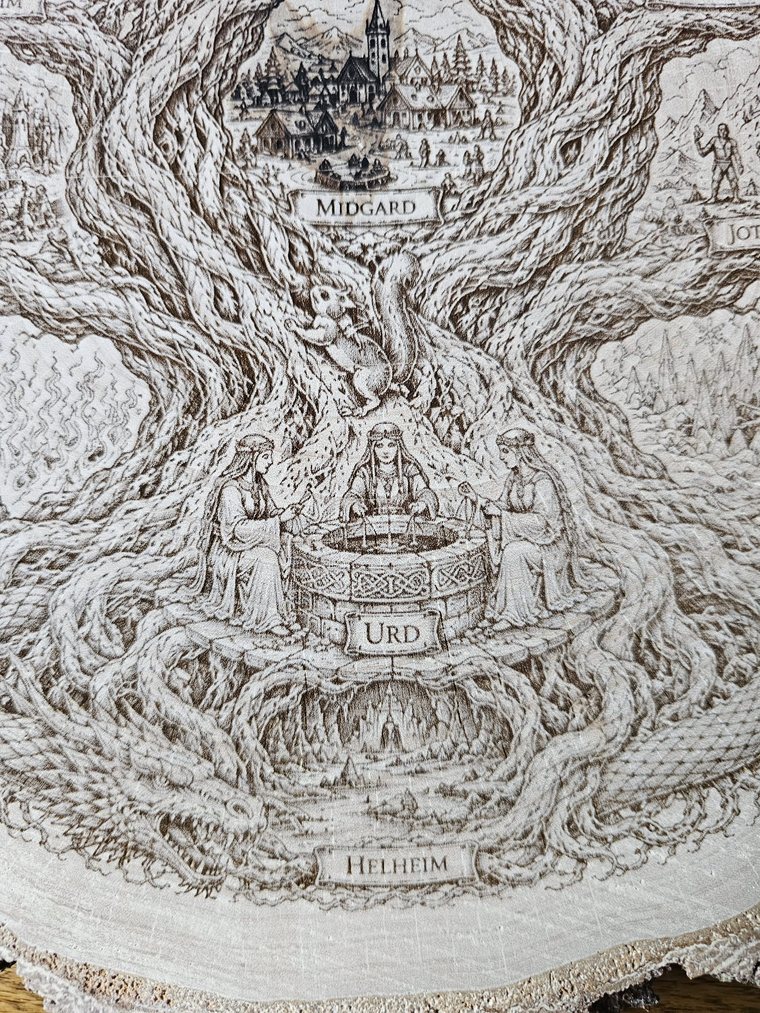Disc detail: the Well of Urd with the three Norns and the squirrel Ratatoskr