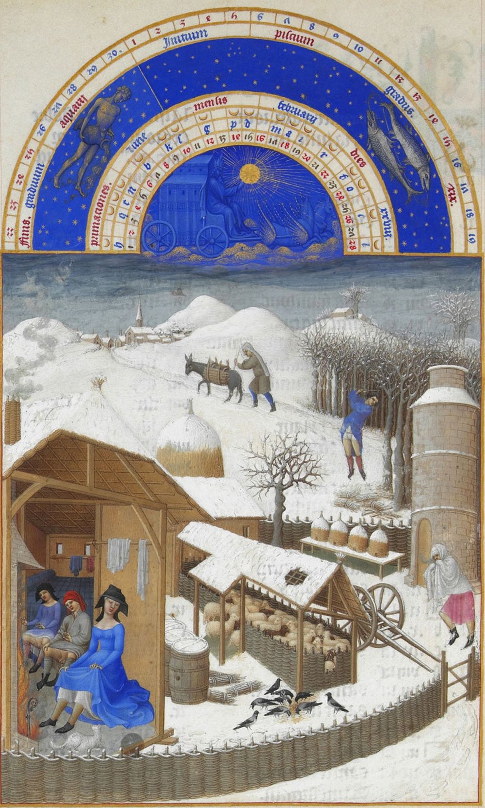 Monatsbild Februar aus den Très Riches Heures des Herzogs von Berry – Bauern am winterlichen Hof