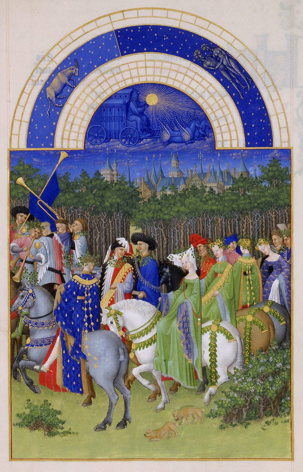 Monatsbild Mai aus den Très Riches Heures – höfischer Maien-Ausritt
