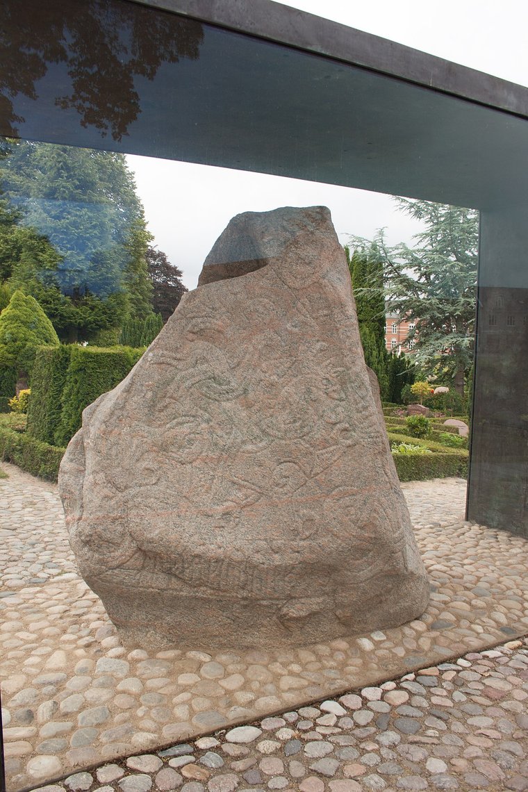 The large Jelling stone in Denmark, raised by King Harald Bluetooth
