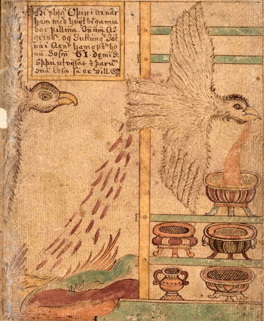 Odin als Adler speit den Dichtermet in die drei Gefäße – isländische Handschrift SÁM 66, 18. Jahrhundert