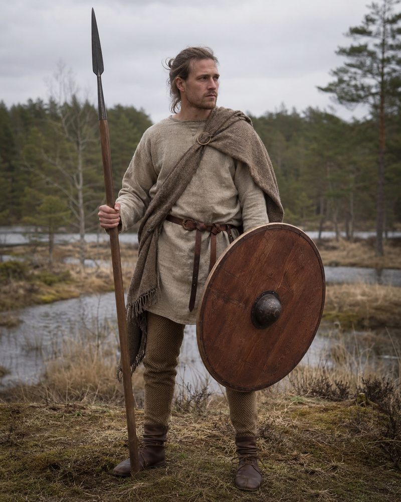 Iron Age Germanic warrior in authentic dress – woollen tunic, cloak with fibula, wooden shield and spear